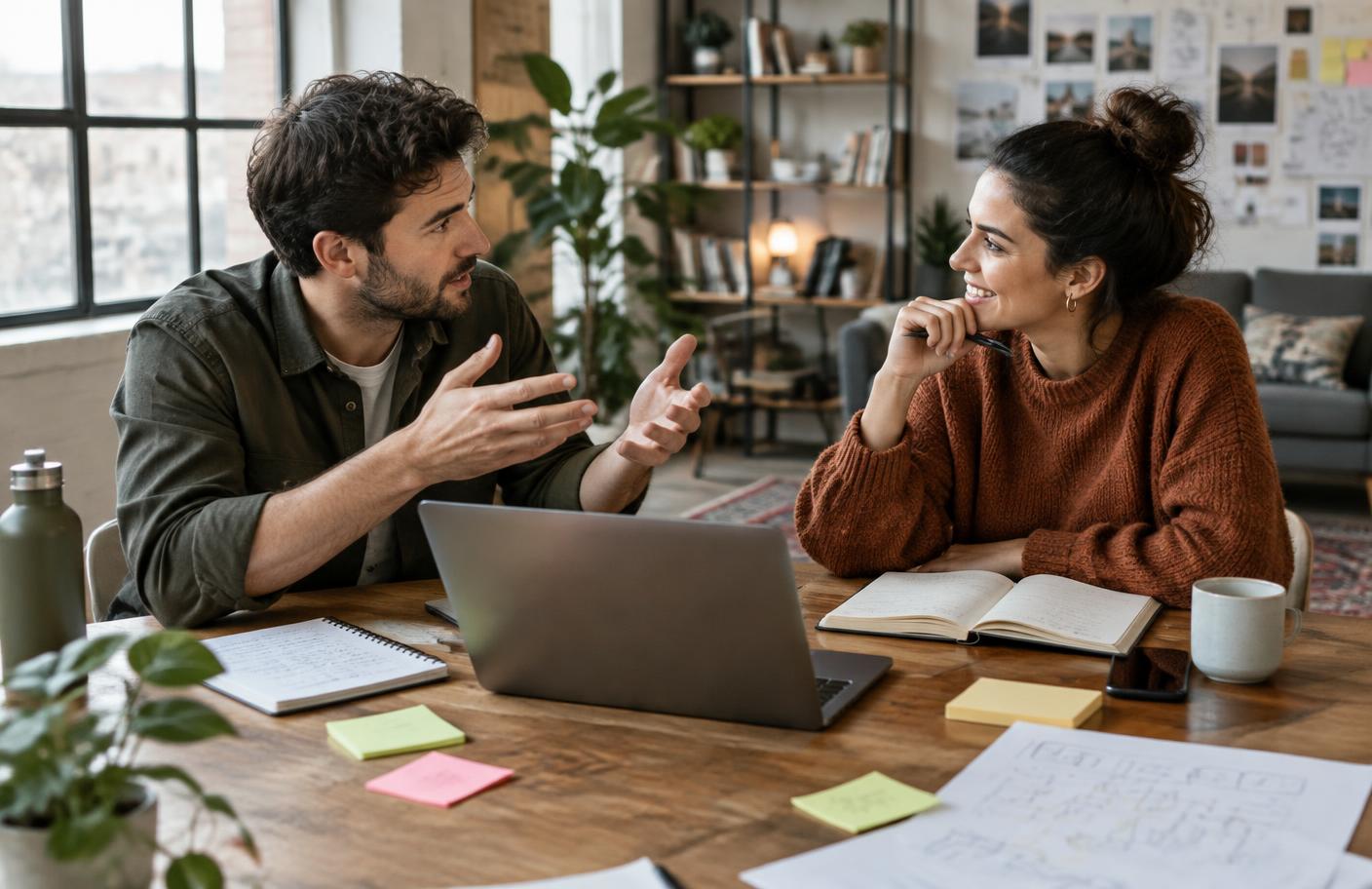 Twee marketeers van AI Marketing Bureau sparren over een groeistrategie aan tafel met laptop en notities