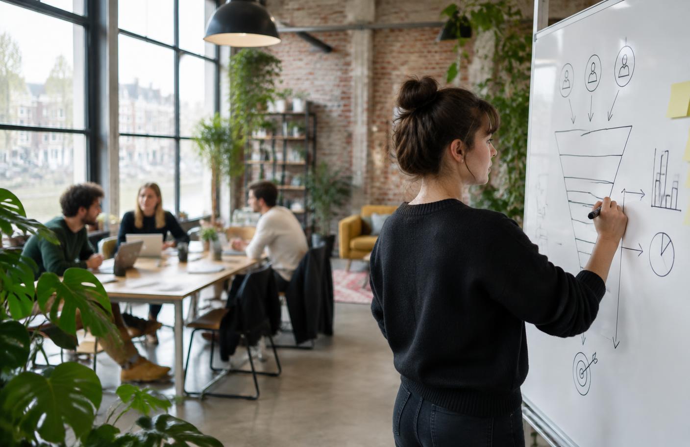 Team van AI Marketing Bureau werkt samen in een licht, modern kantoor bij B. Amsterdam met whiteboard-sessie