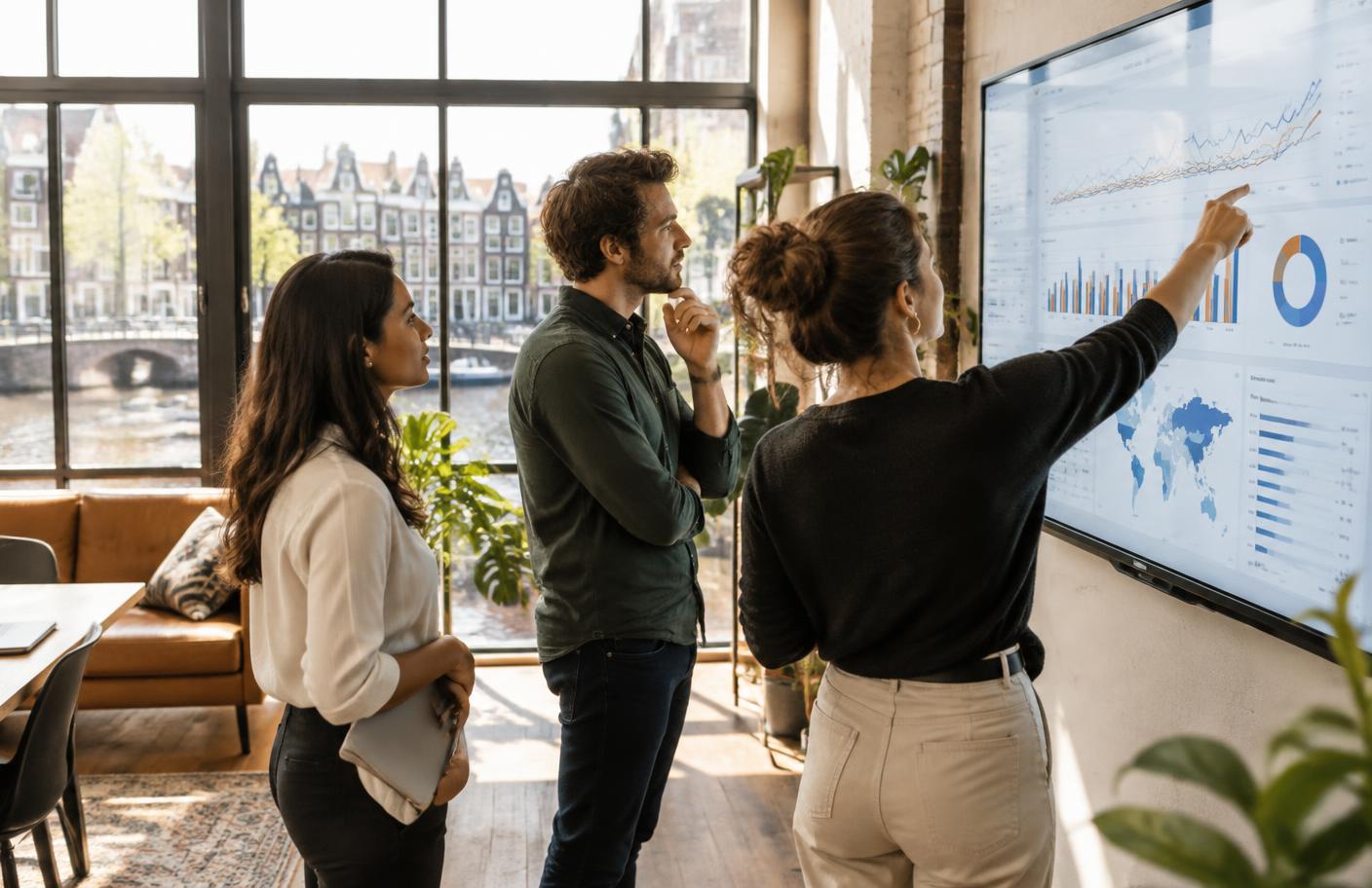 Specialisten van AI Marketing Bureau analyseren samen marketingdata en dashboards op een groot scherm in het kantoor in Amsterdam
